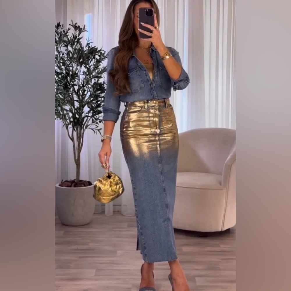 ZARA METALLIC DENIM SKIRT